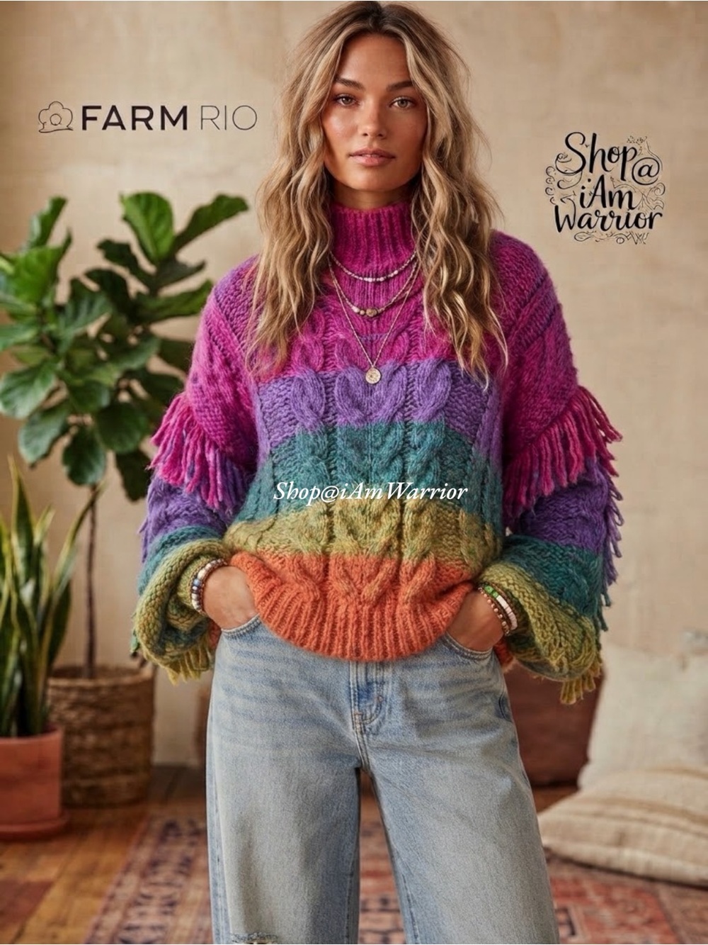 Farm Rio rainbow striped looped fringe cotton blend pullover *shop@iamwarrior
